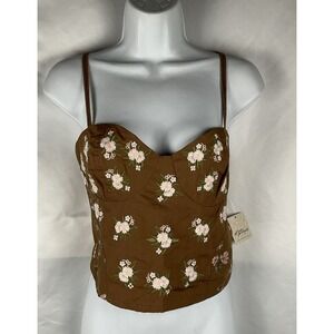 Free People Women's Size M Wild Flowers Brown Bustier Embroidered Smocked NWT